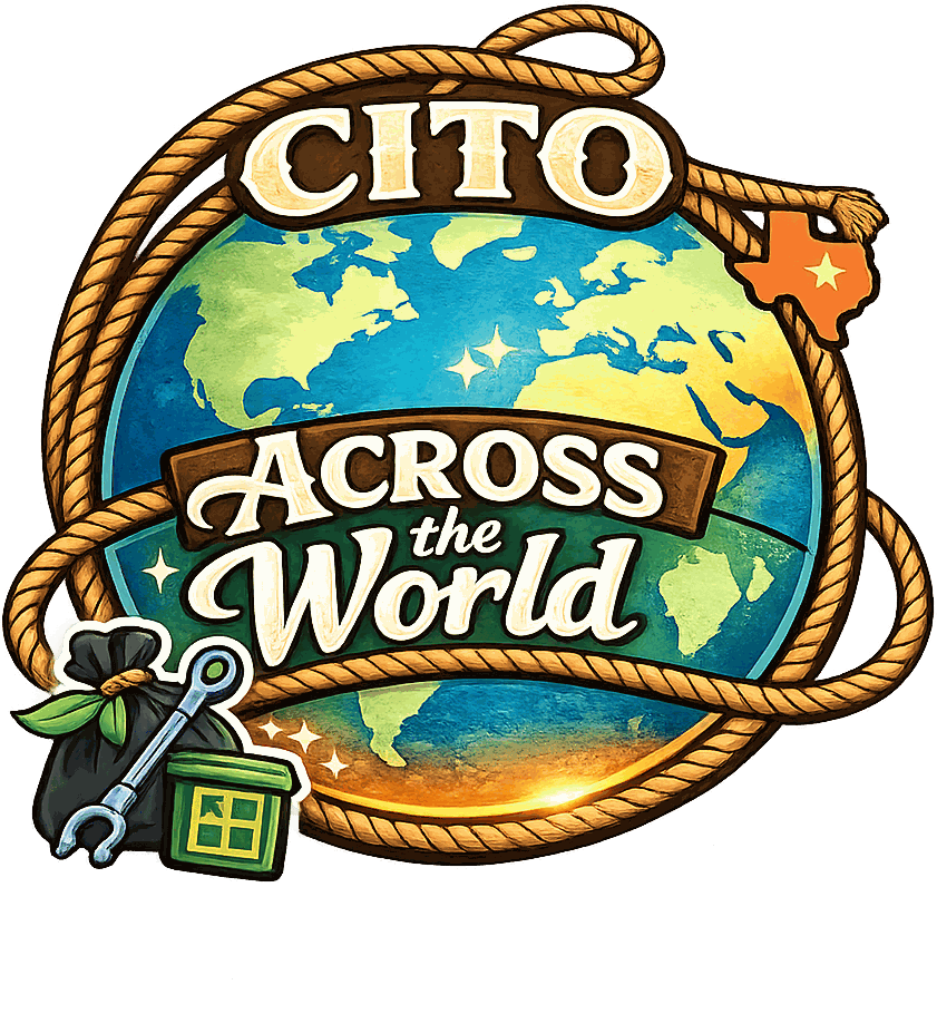 CITO Across the World &mdash; a globe encircled by rope, with a Texas outline, a trash bag, a grabber tool, and a geocache container